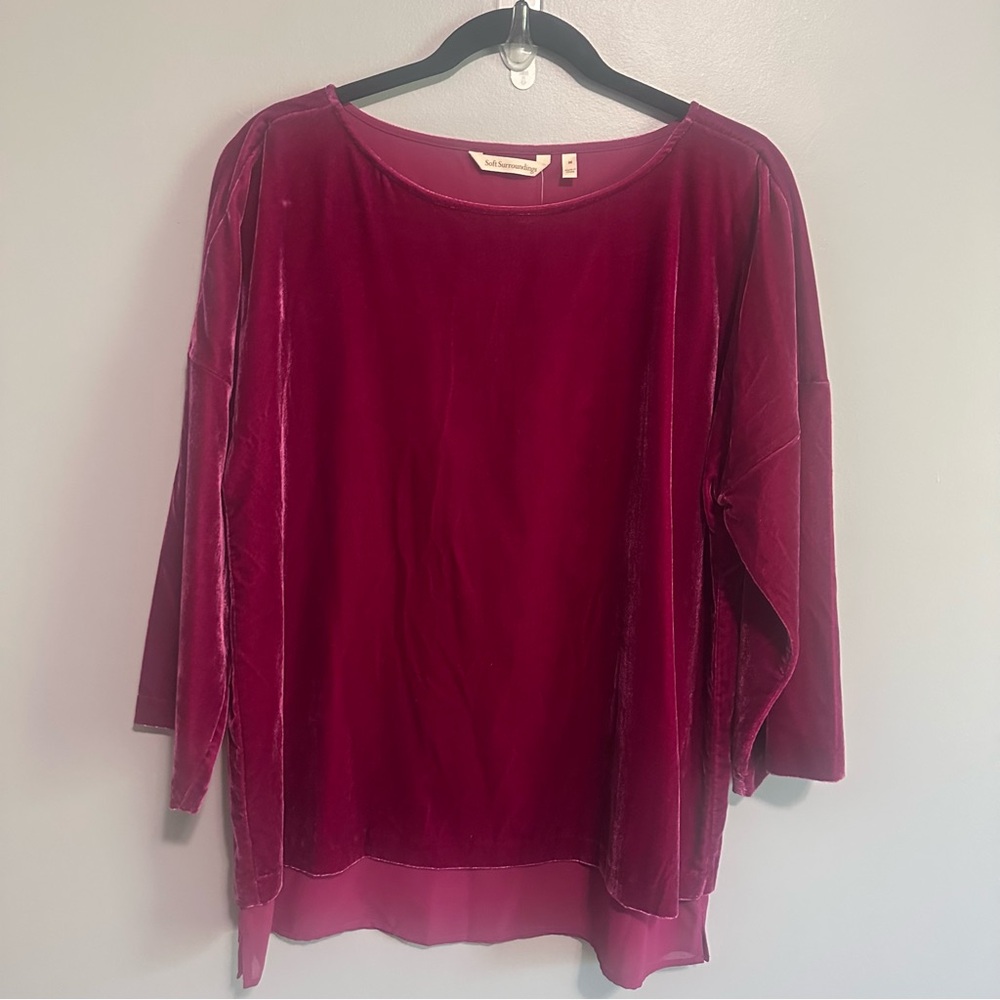 Soft Surroundings Millie Velvet Tunic Top Medium Dark Fuchsia Sheer Hem NWT